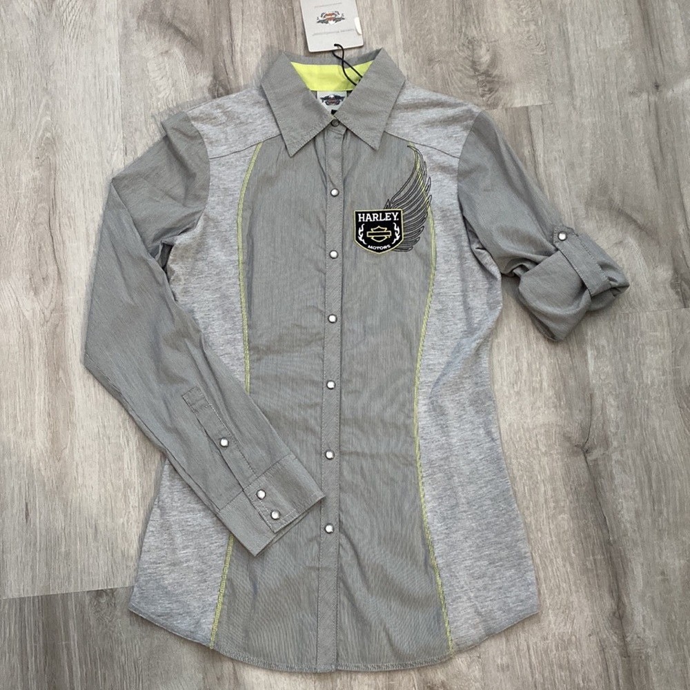 Harley-Davidson Ribbon Detail Knit and Woven Stripe Long Sleeve Shirt - XS - Picture 3 of 11